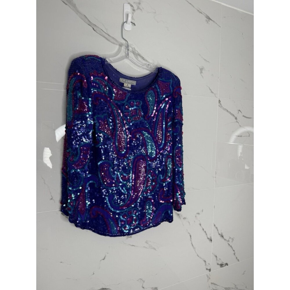 Vintage Long Sleeve Sequin Beaded Top AJ Bari Art-to-wear Silk Paisley 80’s​